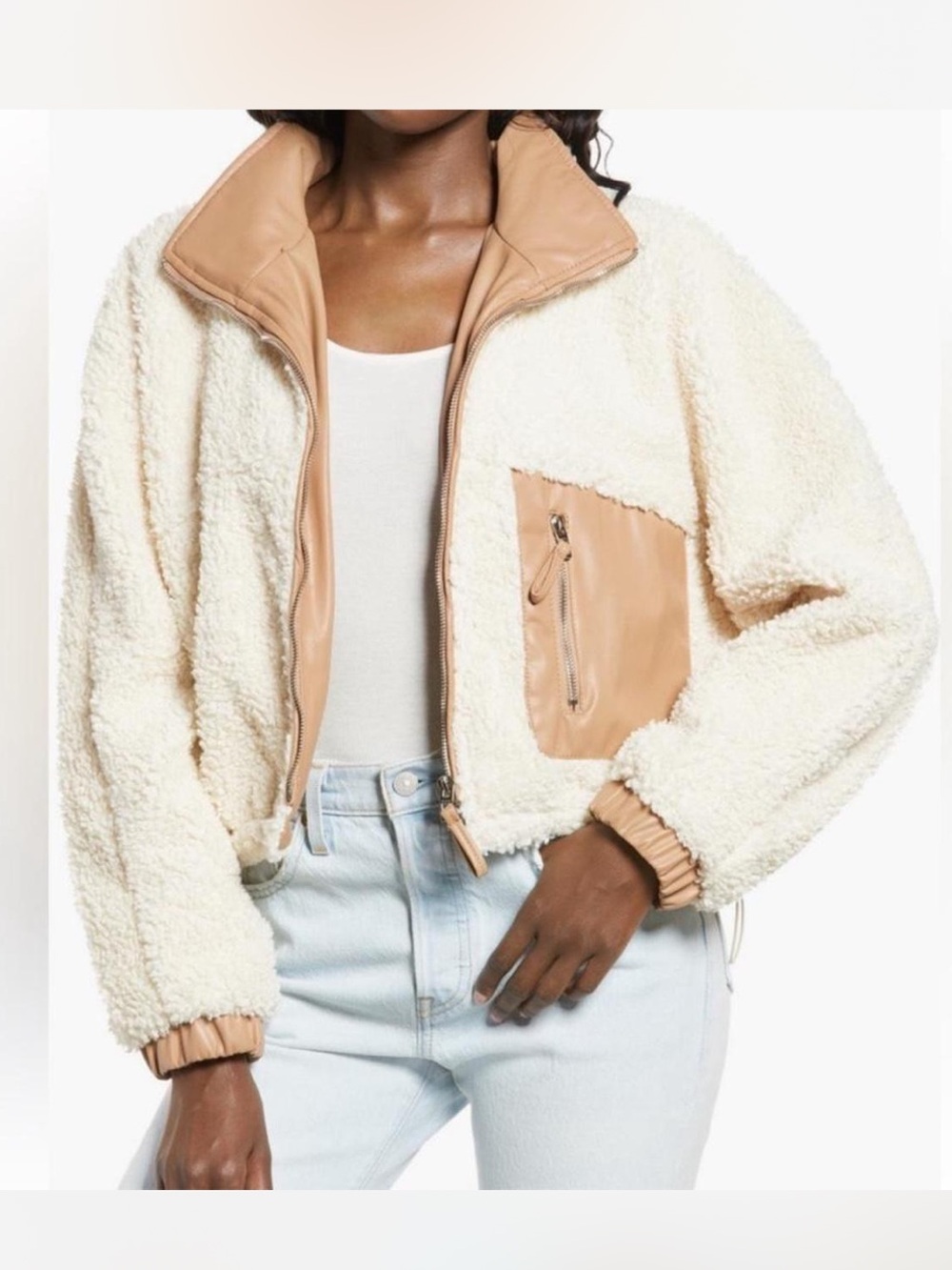 BLANK NYC Faux Shearling with Faux Leather Trim Bomber Jacket